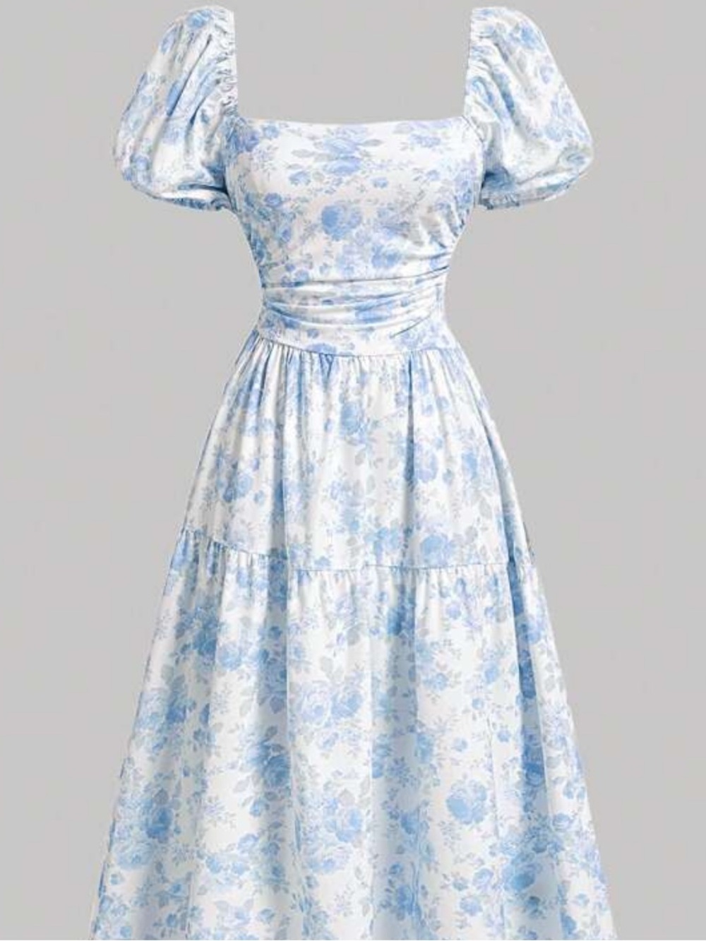 Square Neck Puff Sleeve Maxi Dress in Blue Floral